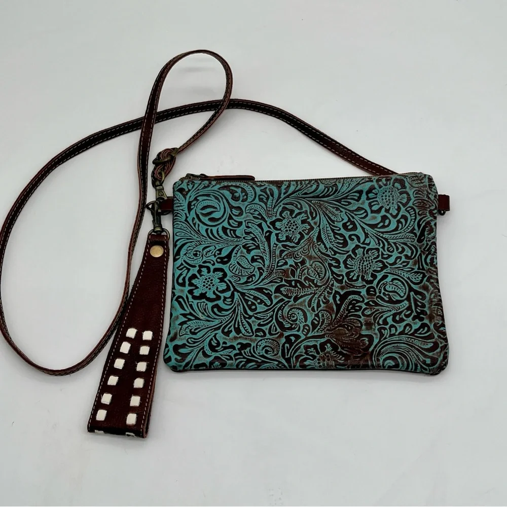 Myra Bag Turquoise Floral Tooled Leather Wristlet with Brown Accents